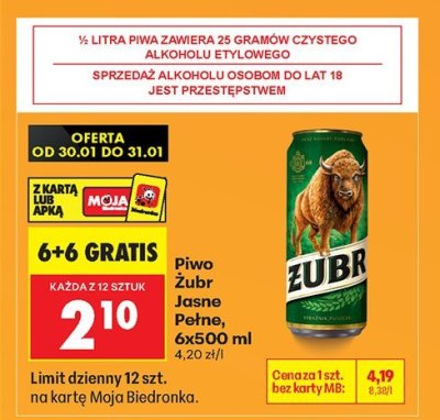 Piwo Żubr Jasne Pełne 6x500ml promocja w Biedronka