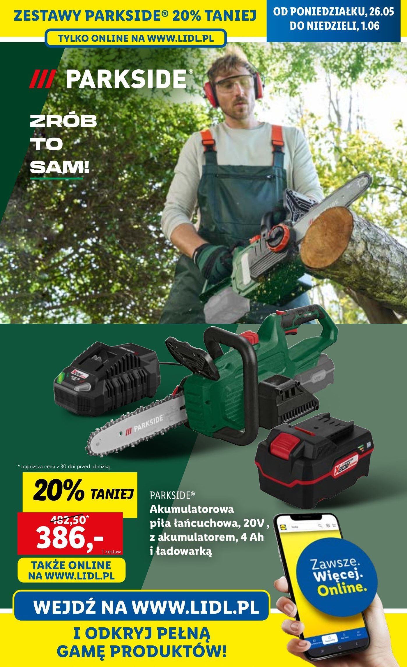 Piła łańcuchowa akumulatorowa 20 v Parkside promocja w Lidl