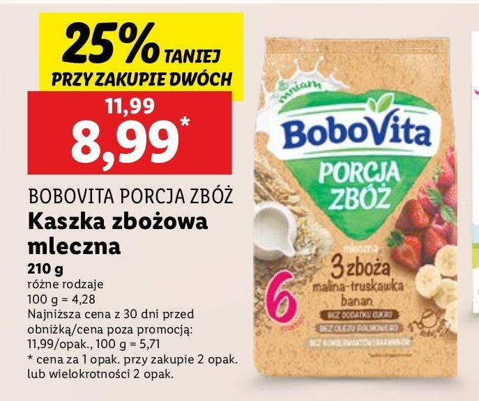 Kaszka mleczna 3 zboża malina-truskawka-banan Bobovita porcja zbóż promocja