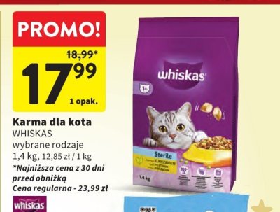 Karma dla kota WHISKAS wybrane rodzaje 1,4 kg promocja w Intermarche