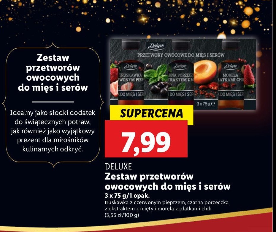 Zestaw konfitur morela z płatkami chilli + truskawka z czerwonym pieprzem + czarna porzeczka z ekstraktem z mięty Deluxe promocja