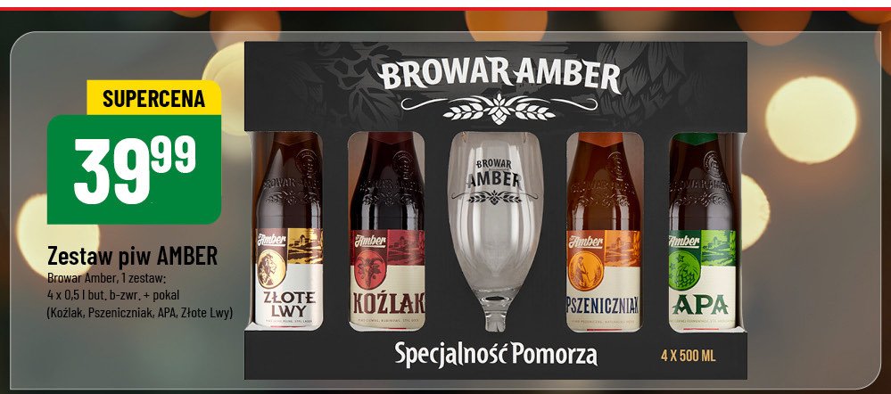 Zestaw piw apa + pszeniczniak + koźlak + złote lwy + szklanka Amber specjalność pomorza promocja w POLOmarket