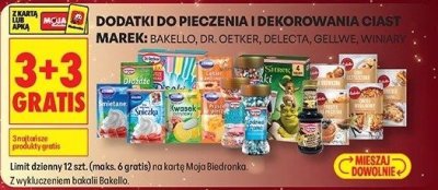 Dodatki do pieczenia i dekorowania ciast Bakello, Dr. Oetker, Delecta, Gellwe, Winiary 3+3 GrATIS promocja w Biedronka