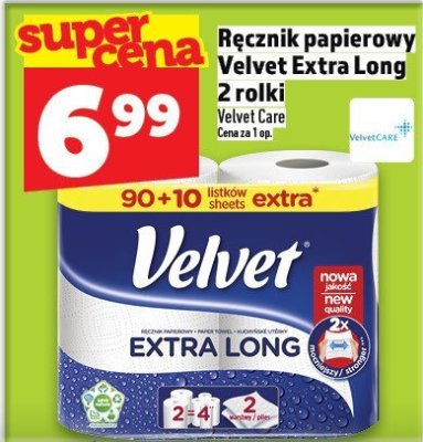 Ręcznik papierowy Velvet Extra Long 2 rolki promocja w TOPAZ