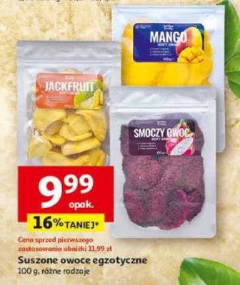 Suszone owoce egzotyczne 100 g różne rodzaje (Jackfruit, Mango, Smoczy owoc) promocja w Auchan