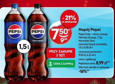 Napój Pepsi Cola różne rodzaje, Mirinda Orange, 7 Up, Mountain Dew promocja w Żabka