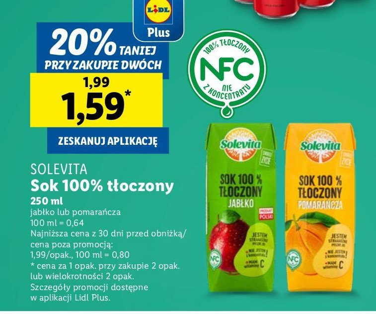 Sok 100% tłoczony z jabłek Solevita promocja w Lidl