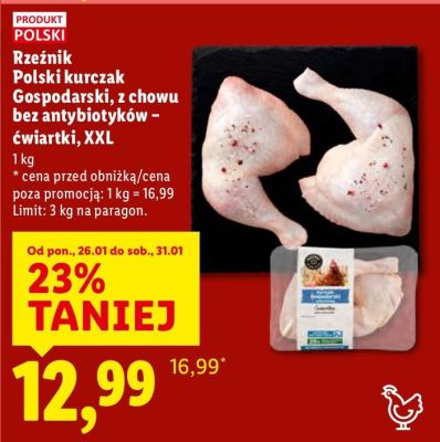 Mięso Rzeźnik Polski kurczak Gospodarski, z chowu bez antybiotyków - ćwiartki, XXL promocja w Lidl