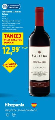 Wino Tempranillo La Mancha Soliera czerwone wytrawne promocja w Lidl