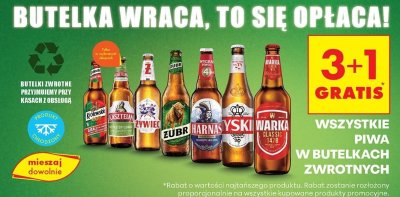 Wszystkie piwa w butelkach zwrotnych 3+1 GRATIS promocja w Biedronka