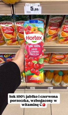 Sok Hortex 100% jabłko i czerwona porzeczka promocja w Intermarche