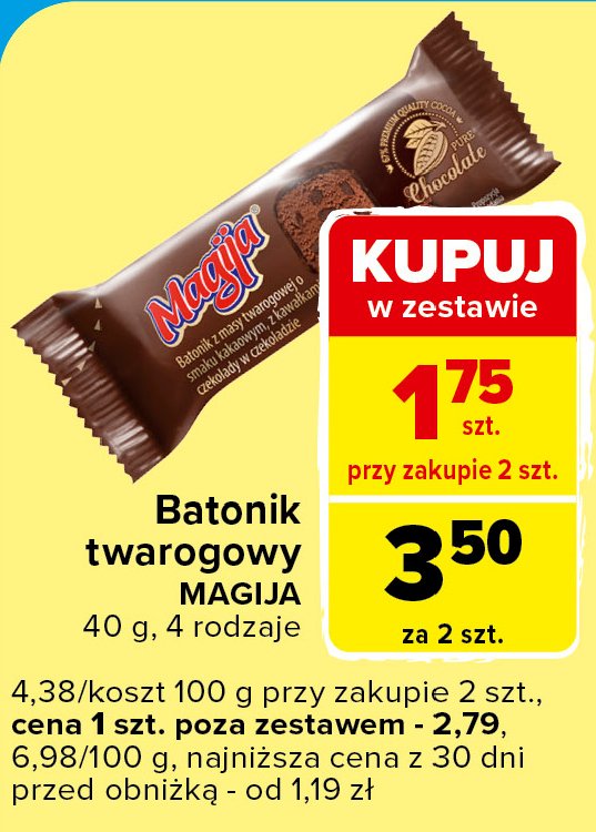 Batonik z masy twarogowej z kawałkami czekolady w polewie kakaowej Magija promocja w Carrefour Express