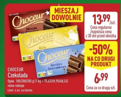 Czekolada CHOCEUR mleczna/biała/Alpejska śmietankowa promocja w Aldi