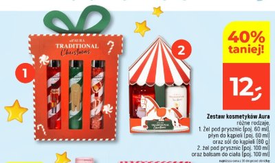 Zestaw kosmetyków Aura różne rodzaje, żel pod prysznic (poj. 60 ml), płyn do kąpieli (poj. 60 ml) oraz sól do kąpieli (80 g) lub żel pod prysznic (poj. 100 ml) oraz balsam do ciała (poj. 100 ml) promocja w Dealz