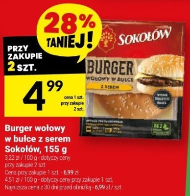 Burger wołowy w bułce z serem Sokołów, 155 g promocja w Twój Market