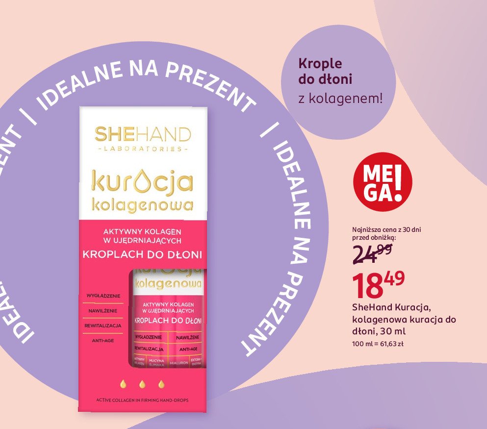 Krople do dłoni z aktywnym kolagenem Shehand promocja w Rossmann