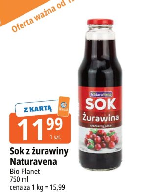 Sok z żurawiny Naturavena Bio Planet promocja w Leclerc