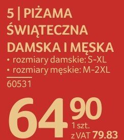 Piżama świąteczna damska i męska rozmiary damskie: S-XL, rozmiary męskie: M-2XL promocja w Selgros