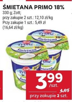 Śmietana Primo 18% Zott promocja w Stokrotka