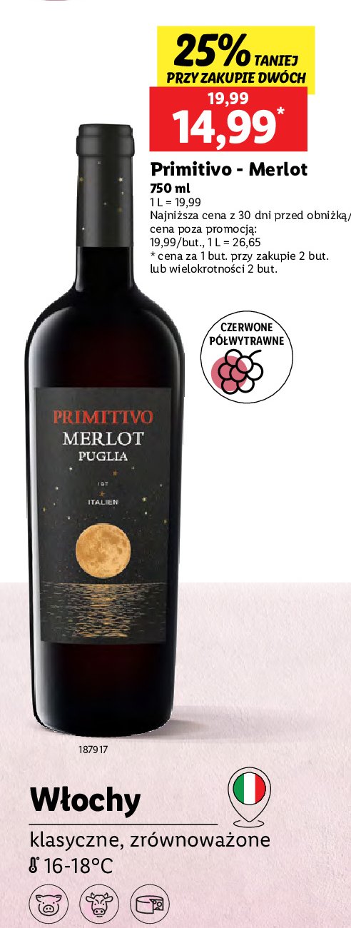 Wino półwytrawne Primitivo merlot puglia promocja w Lidl