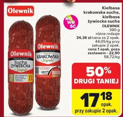 Kiełbasa krakowska sucha, kiełbasa żywiecka sucha OLEWNIK 390 g promocja w Carrefour