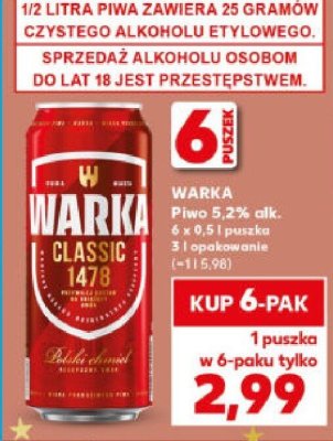 Piwo Warka Classic 5,2% alk. 6 x 0.5 l promocja w Kaufland