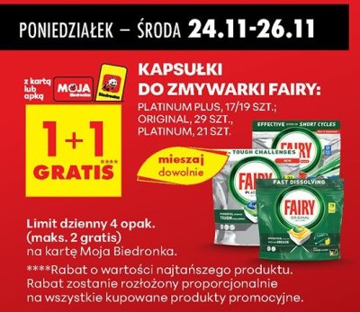 Kapsułki do zmywarki Fairy Platinum Plus 17/19 szt., Original 29 szt., Platinum 21 szt. promocja w Biedronka