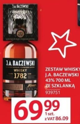 Zestaw whisky J.A. Baczewski 43% 700 ml ze szklanką promocja w Selgros