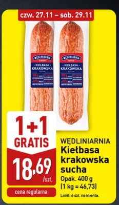 Kiełbasa krakowska sucha Wędliniarnia 1+1 gratis promocja w Aldi