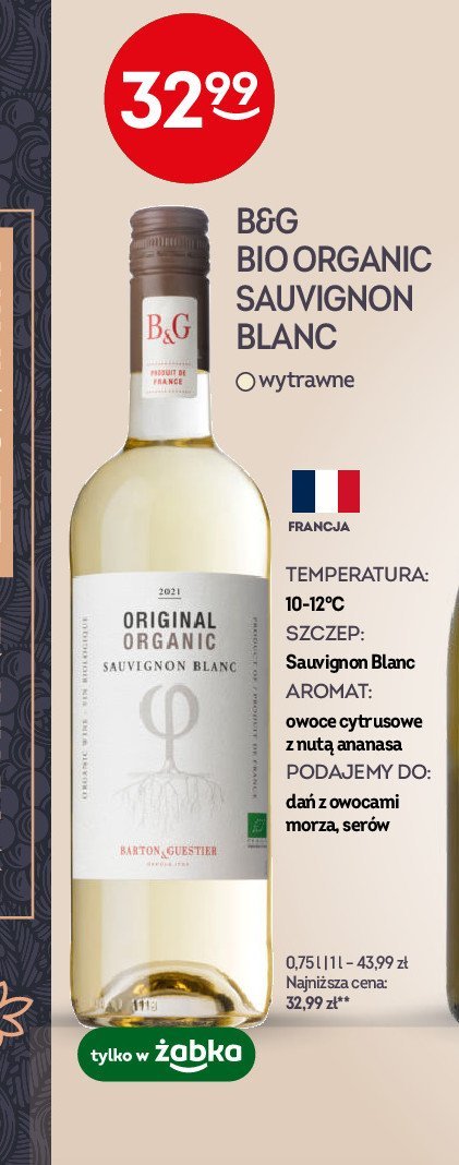 Wino B&g bio organic sauvignon blanc promocja w Żabka