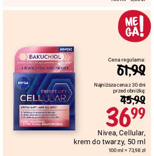 Krem anti-age na noc bakuchiol + kwas hialuronowy Nivea expert lift cellular promocja w Rossmann