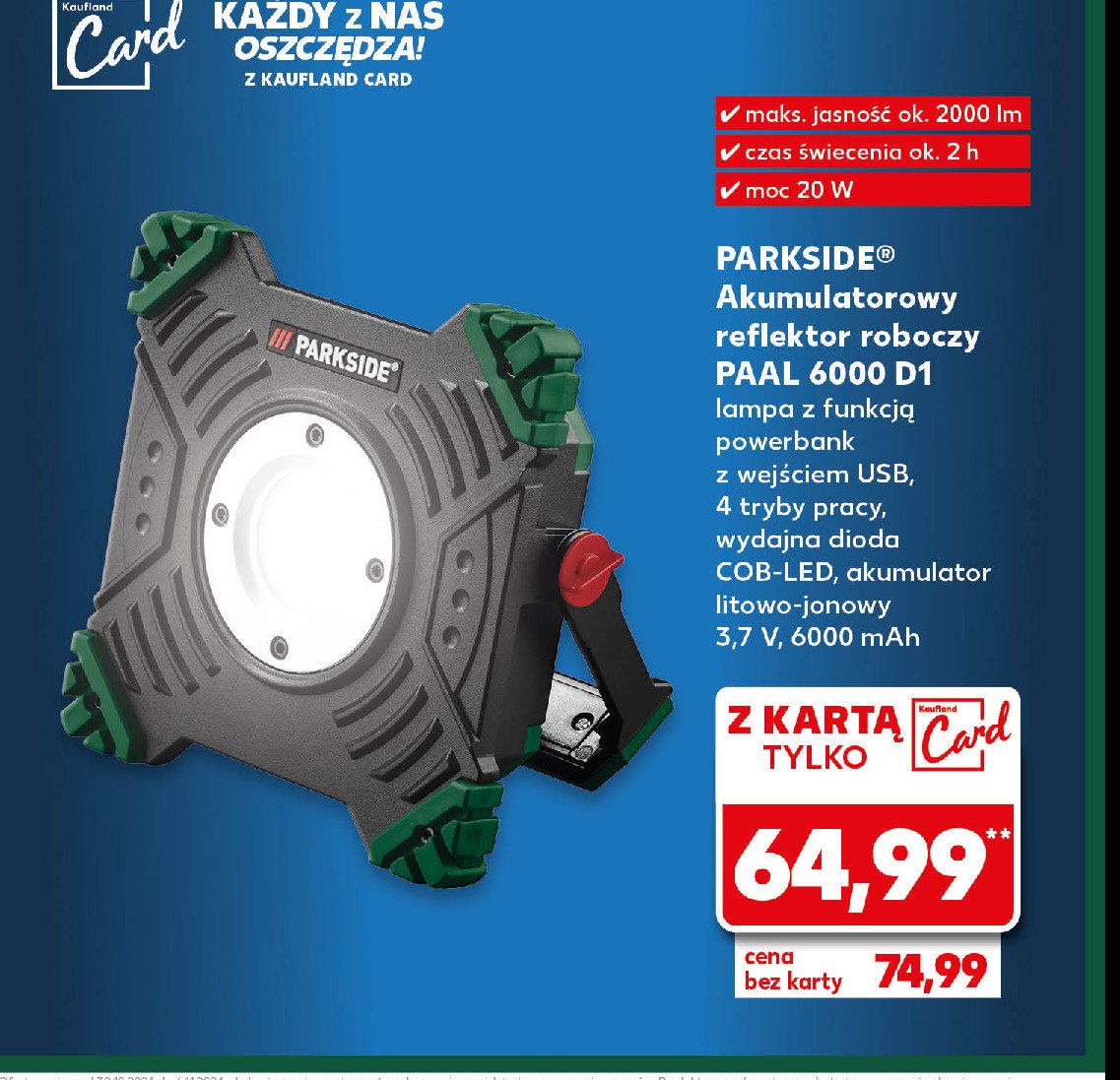 Reflektor roboczy akumulatorowy paal 6000 d1 20 w Parkside promocja w Kaufland