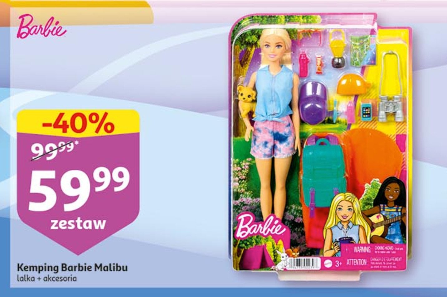 Lalka barbie malibu na kempingu Mattel promocja