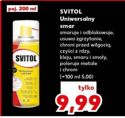 Uniwersalny smar SVITOL smaruje i odblokowuje, usuwa zgrzytnięta, chroni przed wilgocią, czyści z rdzy, kleju, smaru i smołu, polerjuje metale i chrom (≈100 ml 5,00) promocja w Kaufland