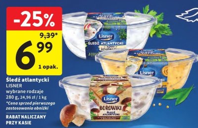 Śledź atlantycki Lisner wybrane rodzaje 280 g, 24,96 zł / 1 kg promocja w Intermarche