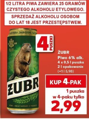 Piwo Żubr 6% alk. 4 x 0,5 l puszka 2 l opakowanie promocja w Kaufland