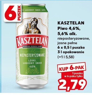 Piwo Kasztelan 4,6%, 5,6% alk. niepasteryzowane, jasne pełne 6 x 0,5 l puszka 3 l opakowanie promocja w Kaufland