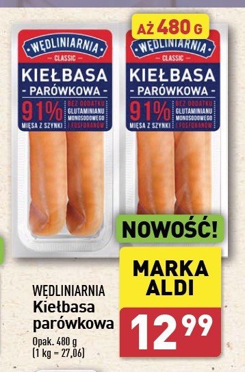 Kiełbasa parówkowa z szynki Wędliniarnia classic promocja w Aldi