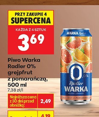 Piwo Warka Radler 0% grejpfrut z pomarańczą promocja w Biedronka