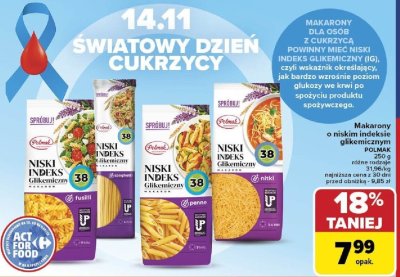Makaron o niskim indeksie glikemicznym POLMAK różne rodzaje promocja w Carrefour Market