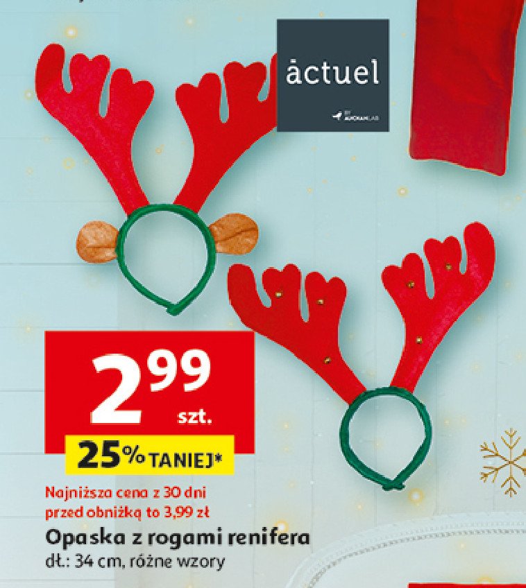 Opaska z rogami renifera 34 cm Actuel promocja