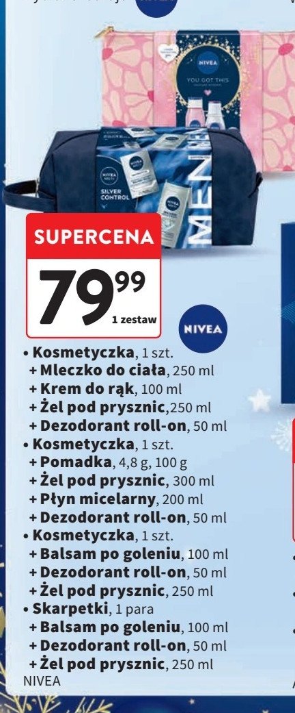 Zestaw w kosmetyczce good vibes: żel pod prysznic malina i borówka 300 ml + płyn micelarny do cery suchej 200 ml + dezodorant rose touch 50 ml + pomadka do ust soft rose 4.8 g Nivea zestaw promocja w Intermarche