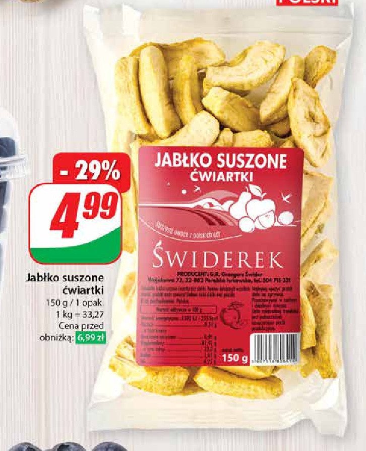 Jabłka suszone ćwiartki ŚWIDEREK promocja w Dino