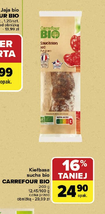 Kiełbasa sucha bio Carrefour bio promocja w Carrefour