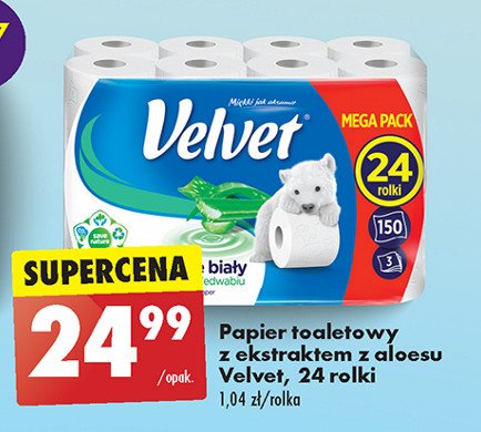 Papier toaletowy delikatnie biały z wyciągiem z aloesu Velvet promocja w Biedronka