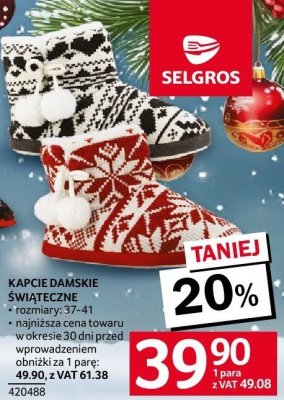 Kapcie damskie świąteczne, rozmiary: 37-41 promocja w Selgros
