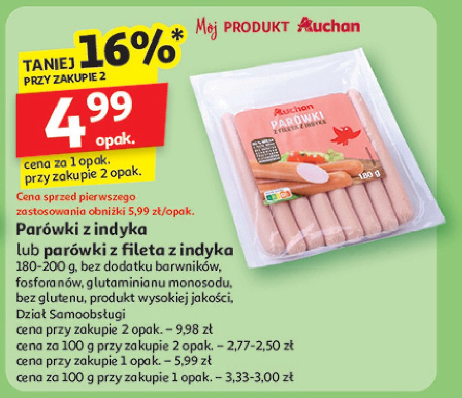 Parówki z indyka Auchan różnorodne (logo czerwone) promocja w Auchan