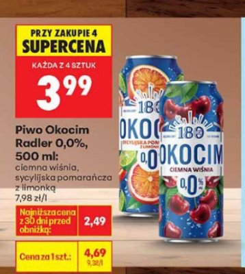 Piwo Okocim Radler 0,0% 500ml ciemna wiśnia, cytryna, lilijka pomarańcza z limonką promocja w Biedronka