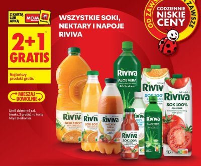 Wszystkie soki, nektary i napoje Riviva 2+1 GRATIS promocja w Biedronka