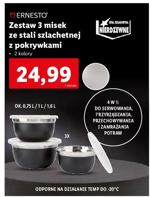 Miski z nierdzewnej stali szlachetnej 0.75 l + 1 l + 1.6 l czarne Ernesto promocja